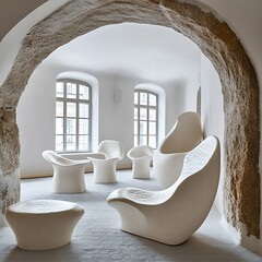 A collection of off-white, sculpted furniture in an airy room.