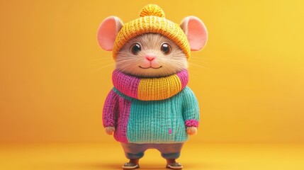 Cute winter mouse in warm clothes.  A cheerful, cartoon mouse wearing a colorful knitted hat, scarf, and sweater.  It's standing on a bright yellow background