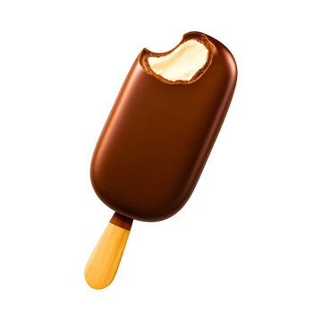 Delicious chocolate covered ice cream bar with a bite taken out isolated on transparent background