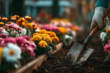 Gardening Scene with Vibrant Flowers and a Hand Holding a Trowel
