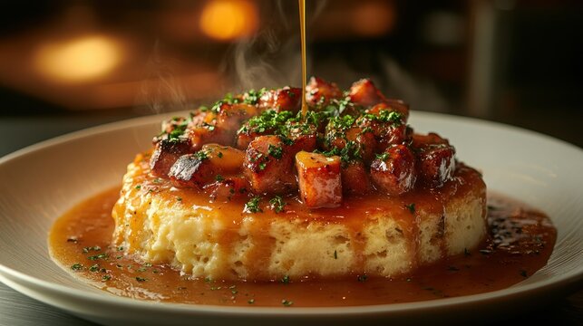 Dish of savory mashed potatoes topped with pork and gravy