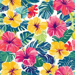 Vibrant floral pattern of hibiscus and tropical leaves.