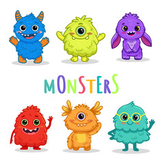 Big set of cartoon monsters. Cute monsters. Kids funny character design for posters, cards., magazins. Vector illustration