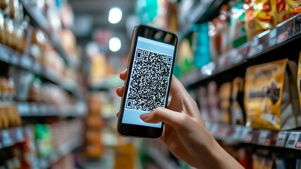 Smartphone Scanning QR Code in Supermarket Aisle - Powered by Adobe