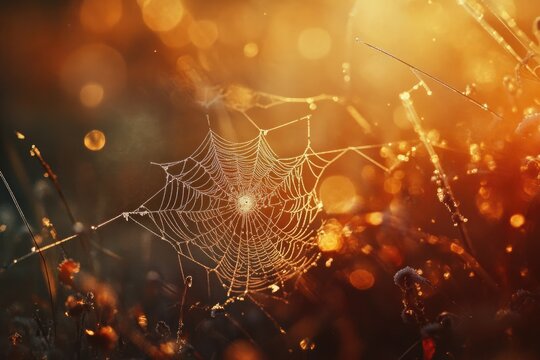 A spider web glistens with dewdrops in the warm morning light, set against a blurred golden bokeh background.