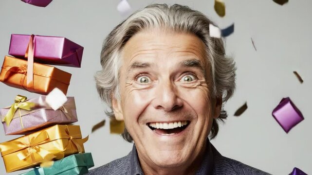 Man with grey hair laughing and looking up, surrounded by colorful presents. A joyous moment of receiving gifts.