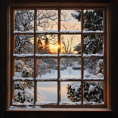 Winter scene viewed through a window on a snowy day.