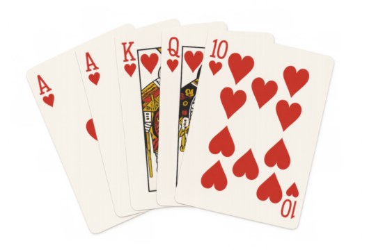 Poker hand with royal flush hearts spread on clear surface, representing peak card game success and winning potential