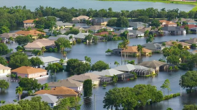 Flooded houses from hurricane rainfall water in Florida residential community. Aftermath of natural disaster in USA south
