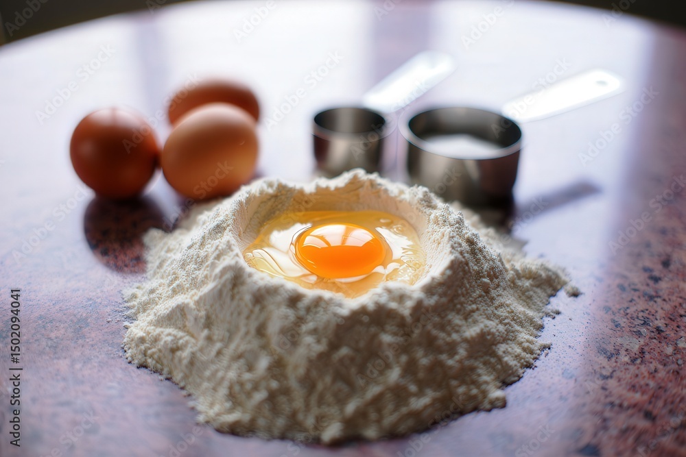 Aufkleber eggs in bowl of flour on table.
