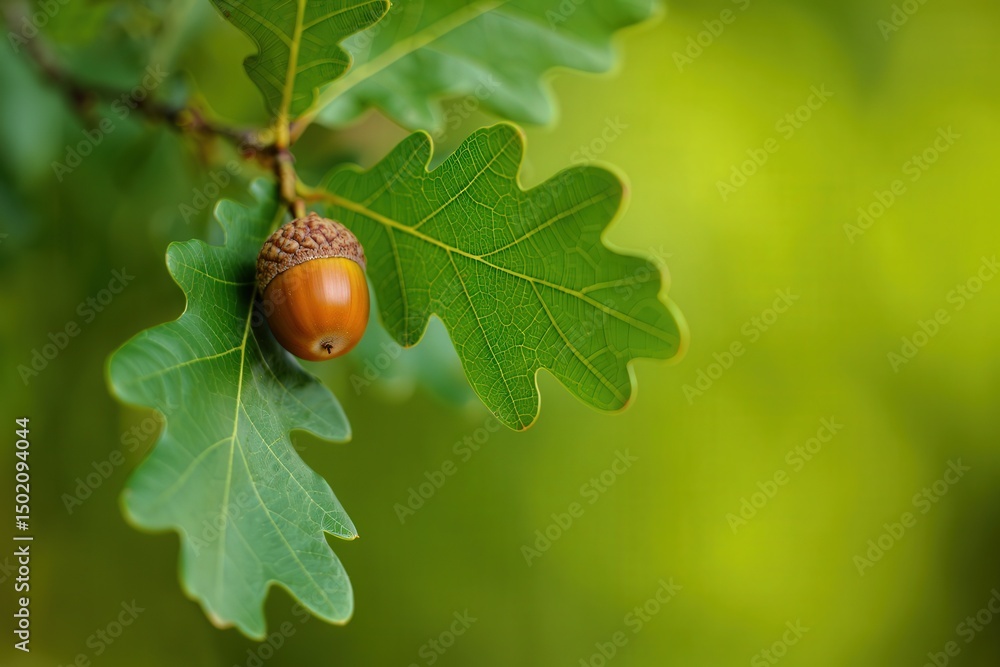 Poster a single brown acorn hanging from an oak tree branch.