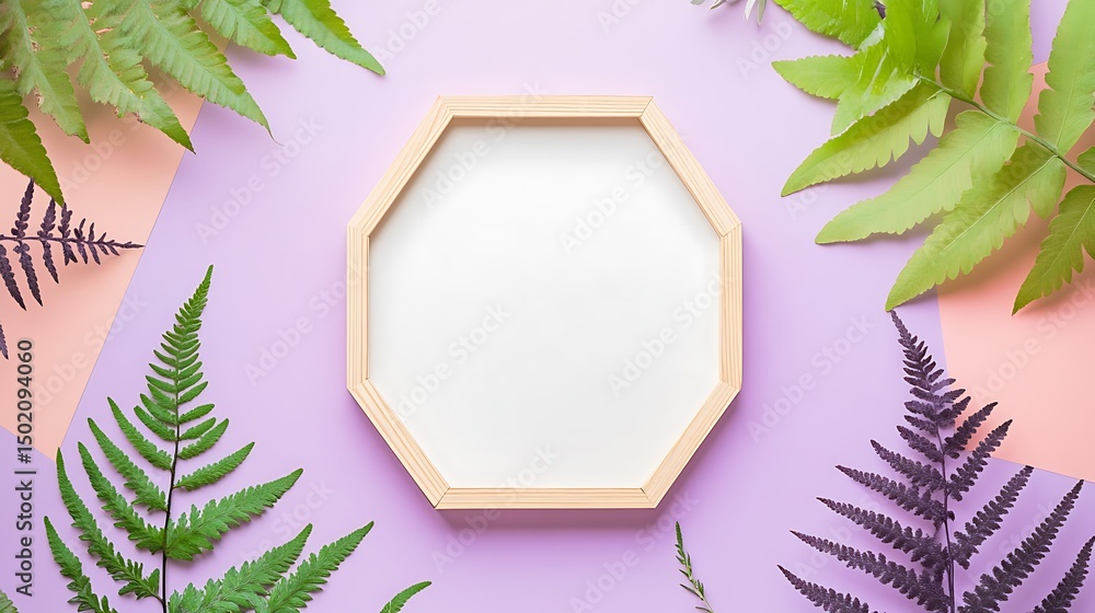 Poster empty octagonal frame surrounded by fern leaves.