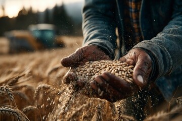 Farmers Hands Holding Wheat Grains in a Golden Field at Sunset