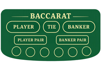 Green baccarat gaming surface displaying betting zones for player, banker, tie, pair wagers, positioned against transparent backdrop, suitable for casino graphic compositions