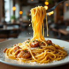 Spaghetti with meatballs and parmesan in cozy restaurant setting