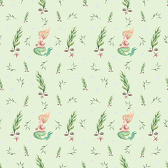 Delicate watercolor pattern in green with mermaids, starfish and seaweed. Seamless watercolor pattern for kids on the theme of sea life.