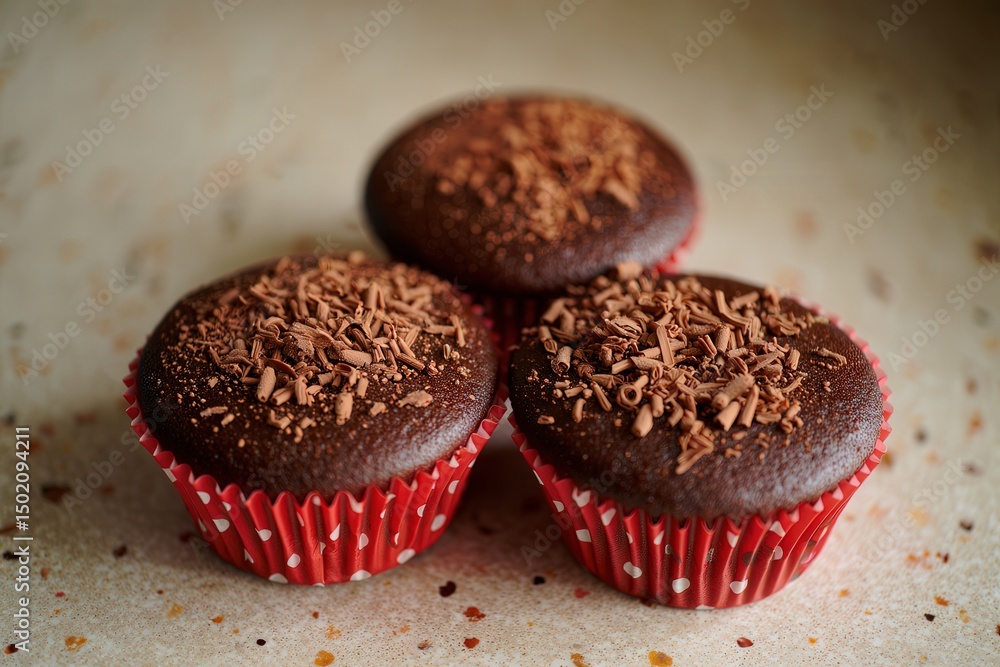 Poster three chocolate cupcakes with red paper liners and sprinkles on top, sitting on a surface with crumb