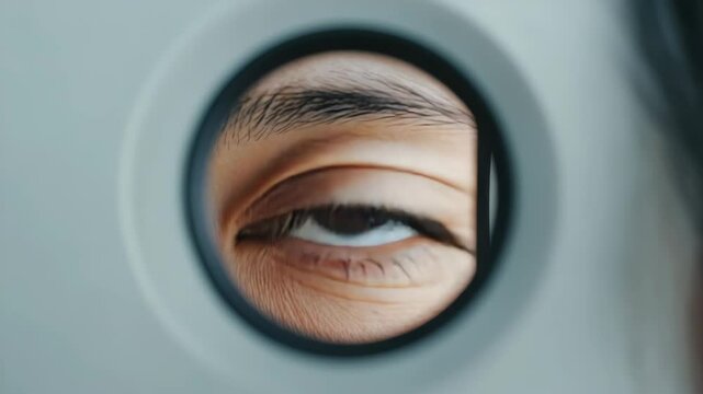 A close-up of a human eye peeping through a keyhole, evoking themes of curiosity, intrigue and the desire to explore or investigate what lies beyond.