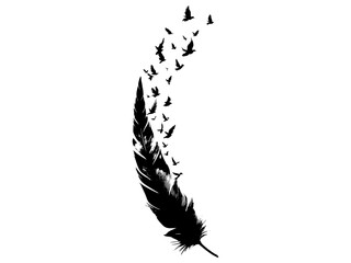 Black Feather Transforming into Flying Birds &ndash; Freedom, Creativity & Metamorphosis Silhouette Illustration.
