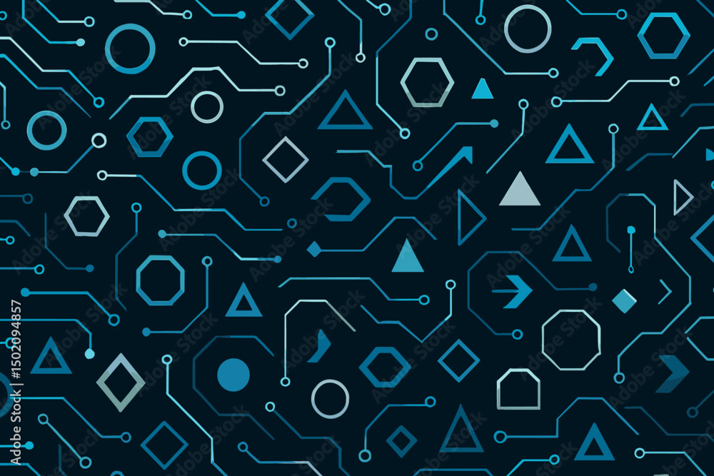 Poster abstract geometric design with lines and shapes in blue and gray tones on a dark background