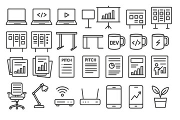 Fototapeta premium Tools and elements for a successful tech presentation featuring laptops, charts, and coffee mugs