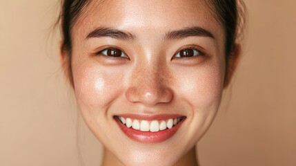 Obraz premium Close-up portrait of a woman with a radiant smile.