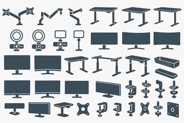 Collection of office furniture outlines featuring desks, monitors, and mounting accessories for a workspace setup