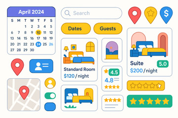 Fototapeta premium Booking interface for hotel accommodations with calendar, room options, and pricing details