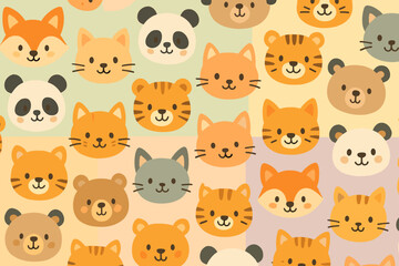 Cute animal faces pattern featuring pandas, foxes, and tigers in soft pastel colors