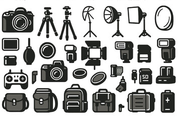 Collection of photography equipment including cameras, tripods, and lighting gear for various shooting environments