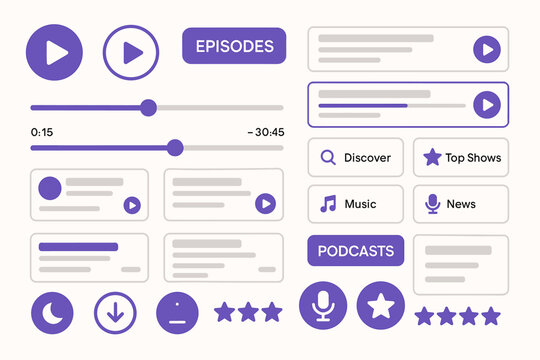 User interface design for podcast app with episode controls and categories for music and news content