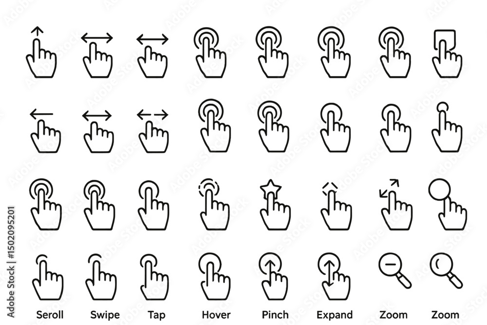 Poster hand gestures for mobile touch interactions displayed in simple line icons showcasing various action