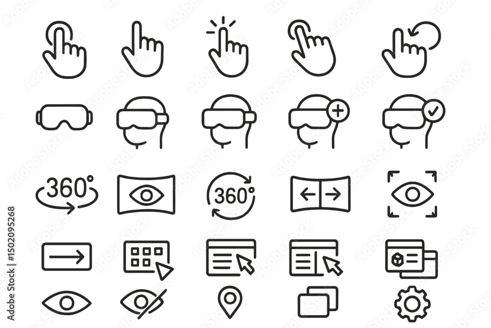 Poster vector icons illustrating various touch gestures and virtual reality experiences