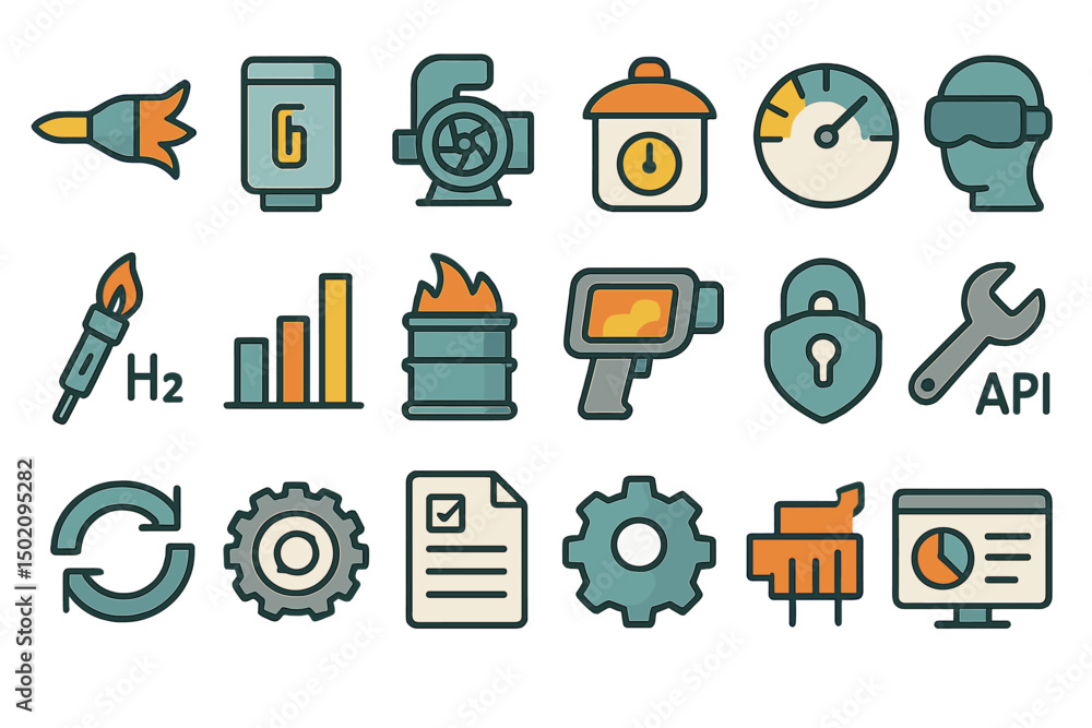 Poster symbols representing various tools and concepts in industrial technology and automation systems for 