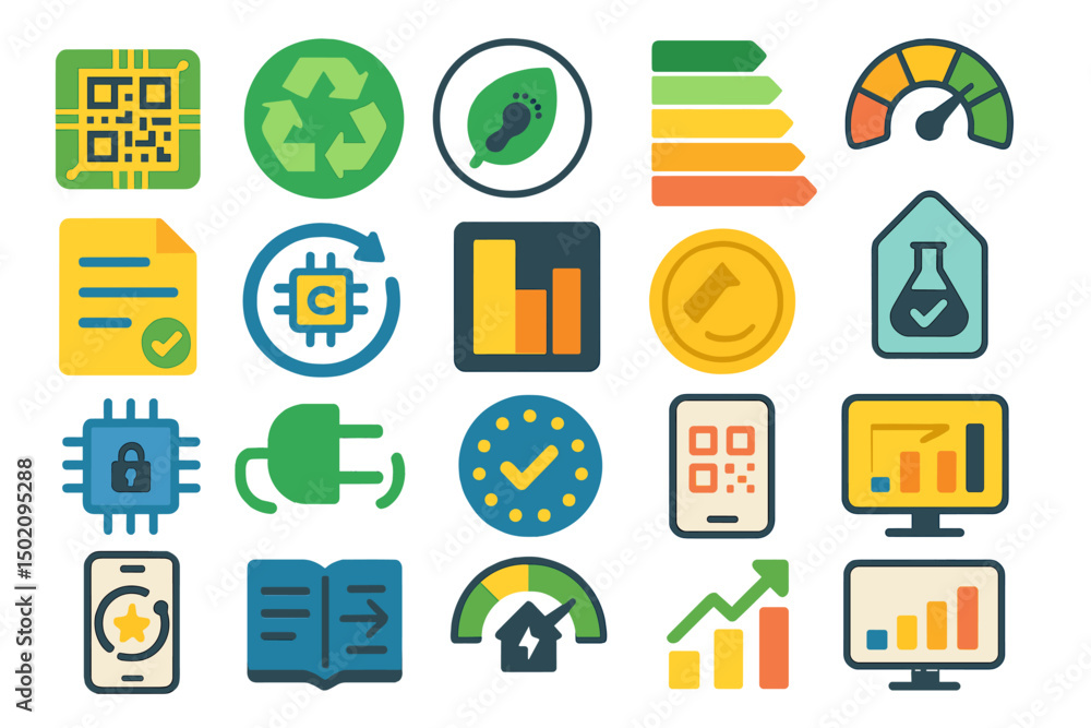 Poster visual representation of digital technology symbols used in sustainability and efficiency tracking i