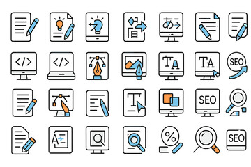 Collection of icons representing various digital marketing and content creation concepts displayed in a grid layout