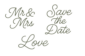 Elegant wedding announcement design with Mr and Mrs, save the date, and love phrases in stylish script