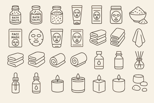Collection of wellness and relaxation products including bath salts, face masks, and candles arranged neatly
