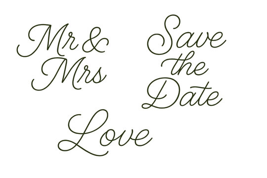 Elegant wedding announcement design with Mr and Mrs, save the date, and love phrases in stylish script