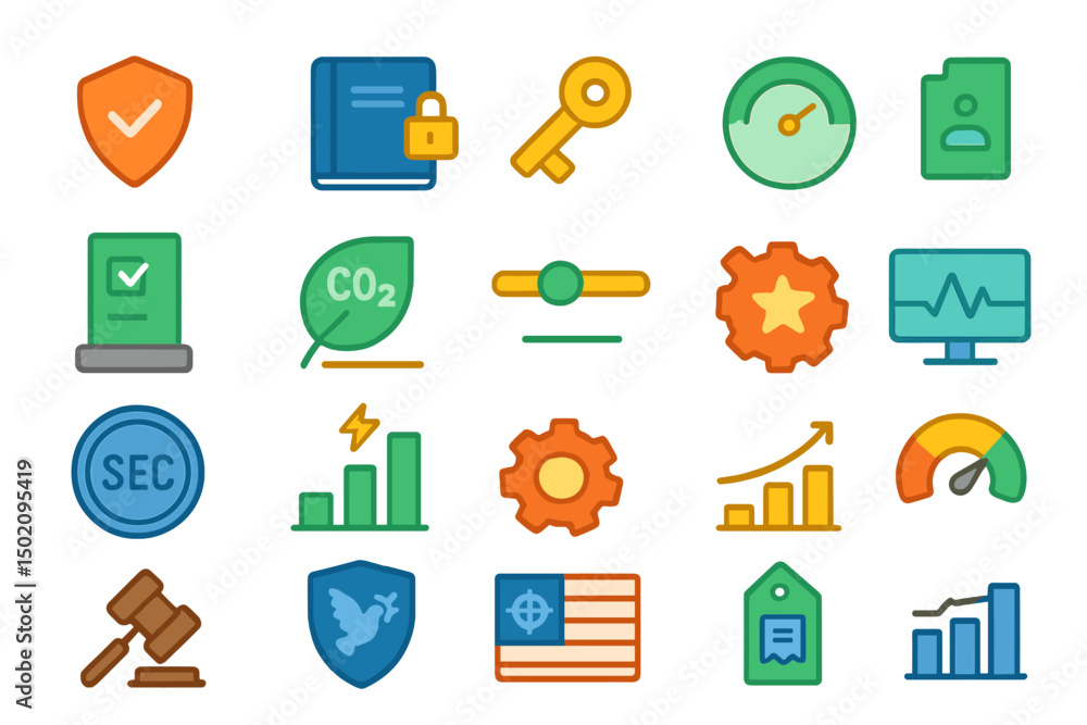 Poster colorful icons representing security, technology, and data analysis for digital services in a modern