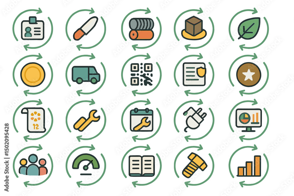 Poster visual representation of sustainable development concepts through icons illustrating various activit