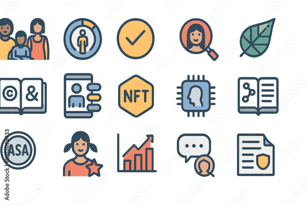 Poster collection of digital icons representing various concepts related to technology and social interacti