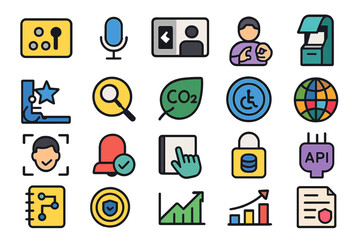 Collection of colorful icons representing technology, communication, and environmental themes in a digital context
