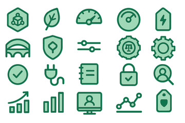 Variety of green icons representing different concepts related to technology, environment, and security