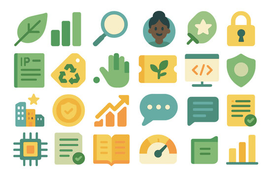 Colorful collection of flat icons representing data, nature, security, and communication in a modern design layout