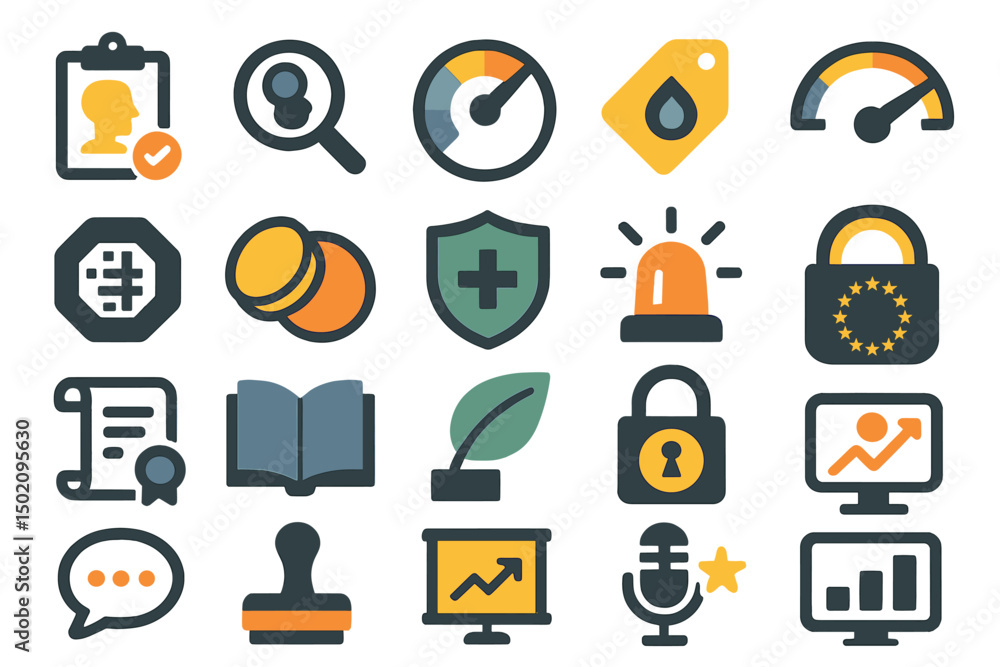 Poster collection of colorful icons representing various concepts and activities in a modern design setting