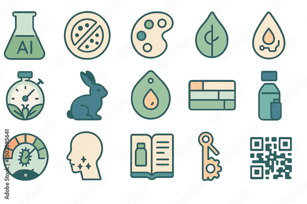 Poster icons representing various concepts including science, nature, and technology in a colorful array