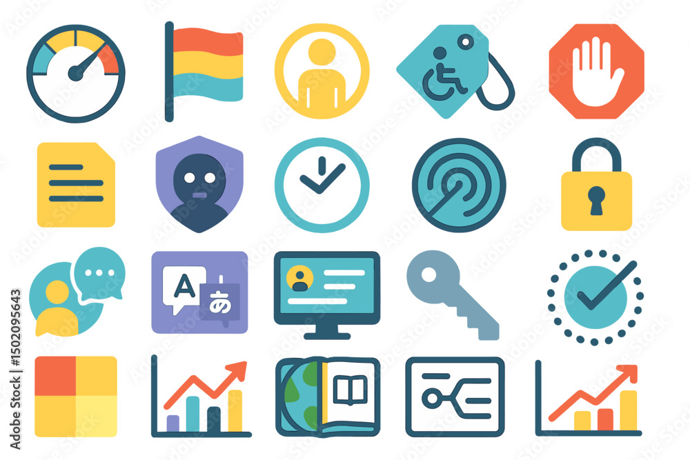 Poster diverse set of colorful icons representing various concepts in technology, accessibility, and commun
