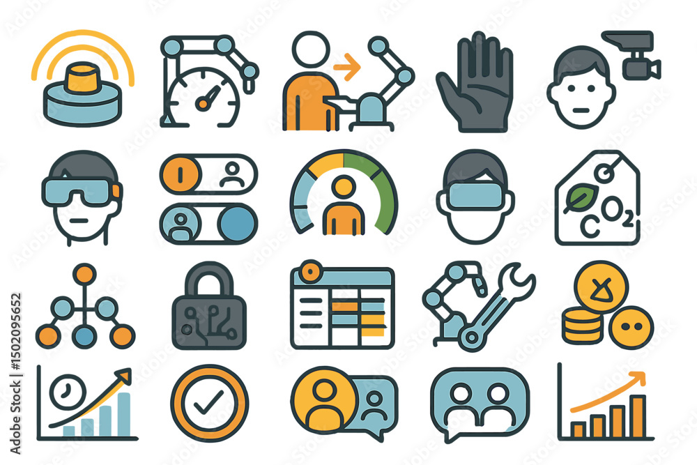 Poster innovative technology icons depicting modern automation, virtual reality, and data analysis in a dig