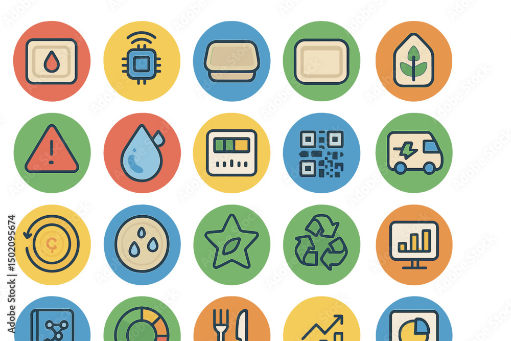 Poster collection of colorful icons representing various technological and environmental concepts in a mode